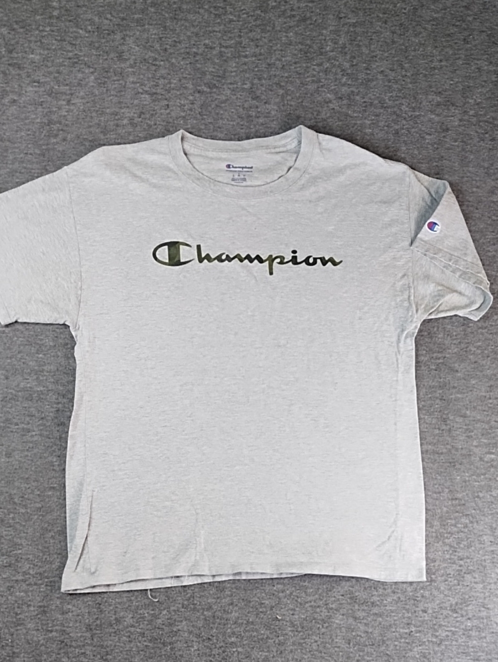 Champion Light Gray Crewneck T-Shirt with Camo Logo